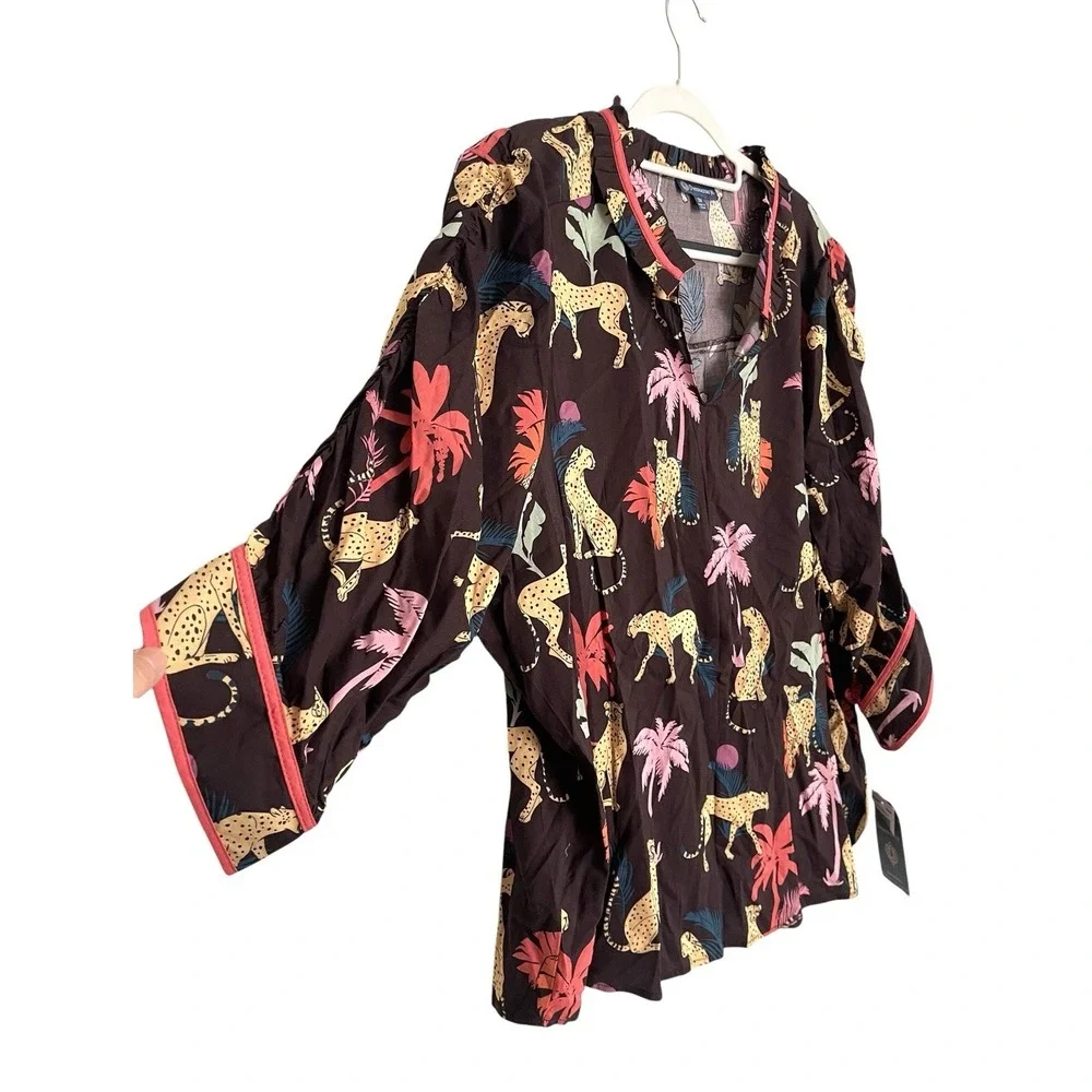 Democracy Plus Size 3/4 Sleeve Relaxed Top Boxy 2x‎ Whimsical Tropical Safari